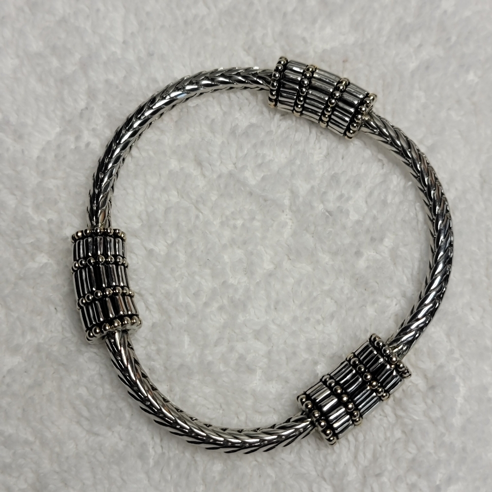 Silver-toned Small Bracelet with Intricate Detailing and Gold-toned Accent Beads